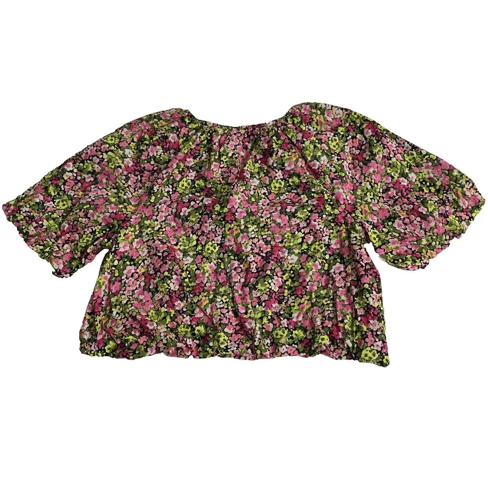 Crown & Ivy Women’s Floral Cotton Blouse XL Balloon Sleeve Multicolor Cropped